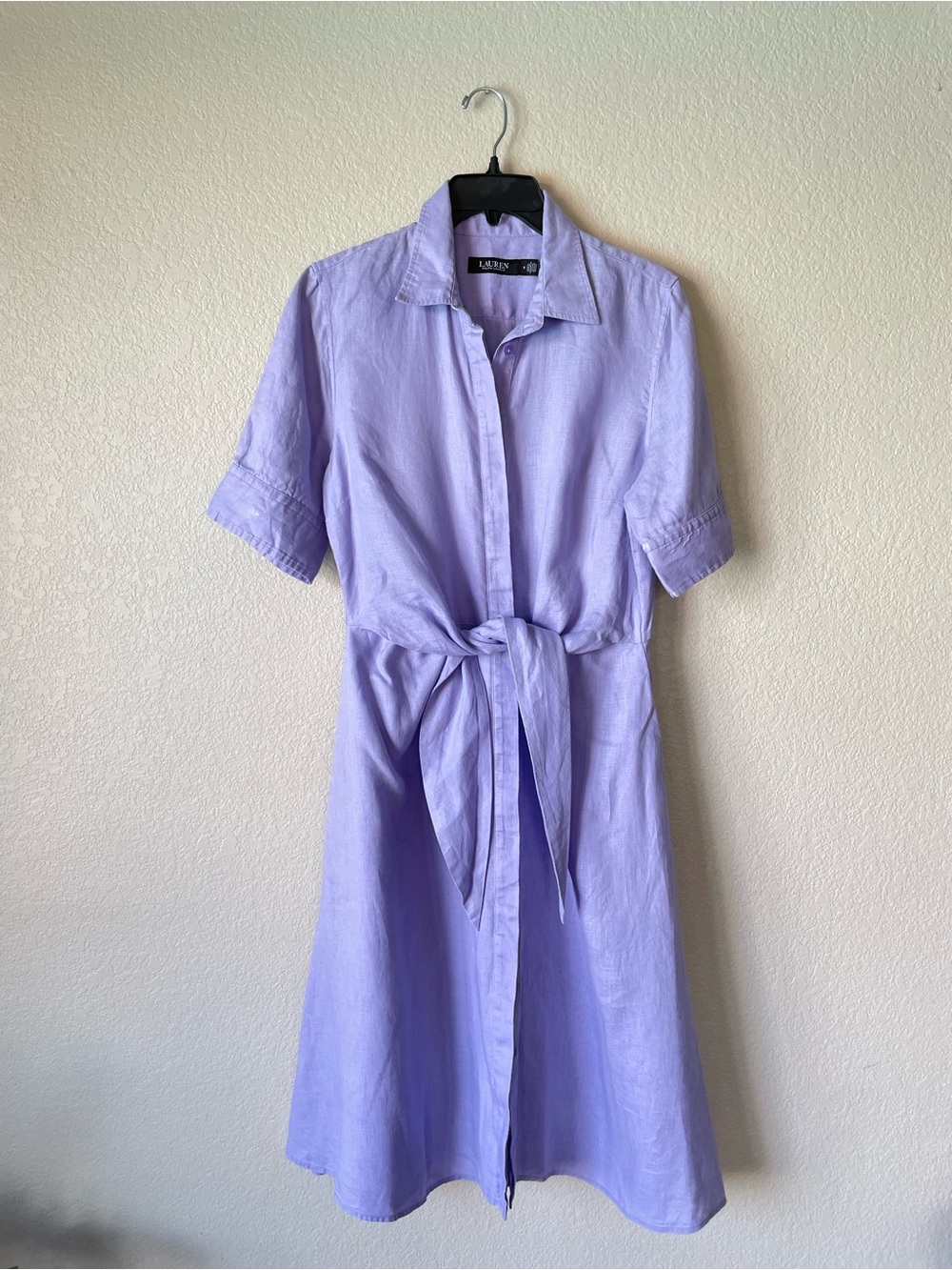 Lauren Ralph Lauren Purple 100% Linen Midi Dress Button Front Tie Waist Size 8